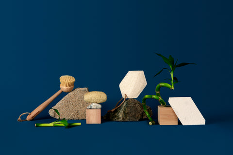 Sqwishful zero waste kitchen and home essentials: wood pulp pop up sponge, luffa scrub sponge, and bamboo dish brush with wood blocks, a baby luffa gourd, and bamboo stalks.