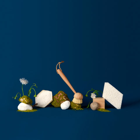 Sqwishful zero waste kitchen and home essentials: plant-powered and plastic-free pop up sponge, scrub sponge, and dish brush with stones covered in moss, rocks, wood blocks, and tiny flowers.
